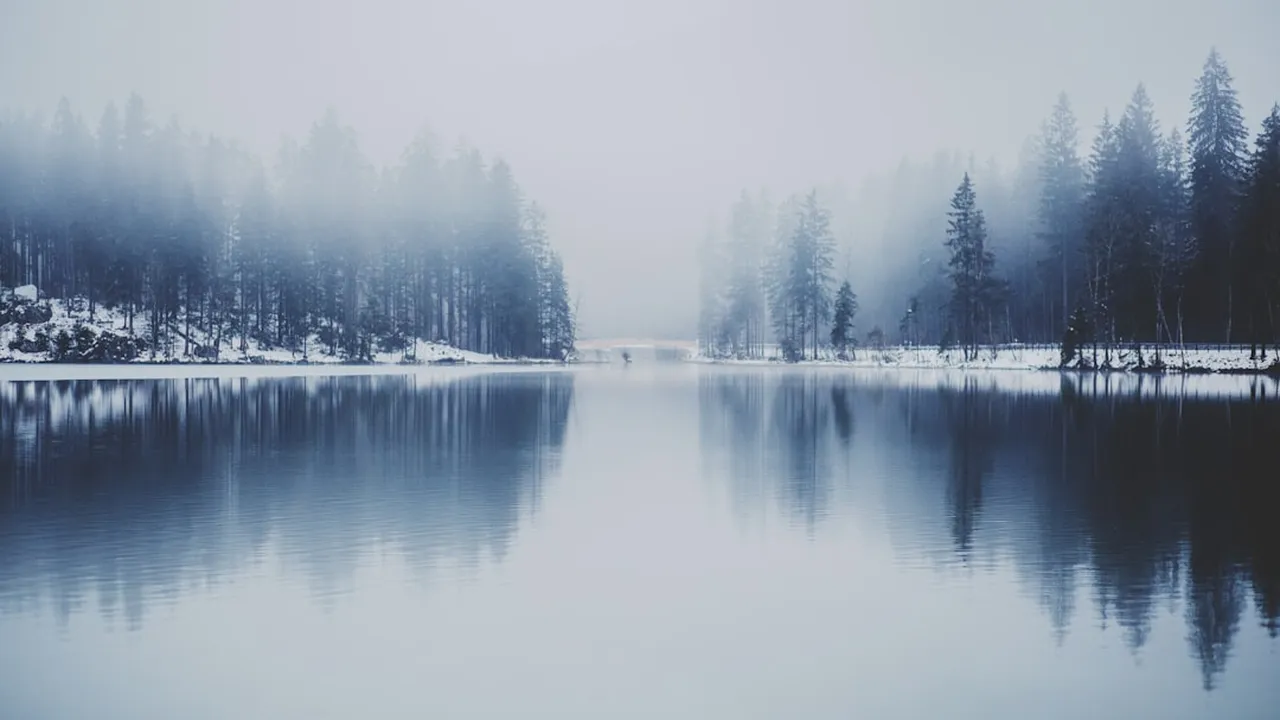 Kall, dimmig sjö en vintermorgon