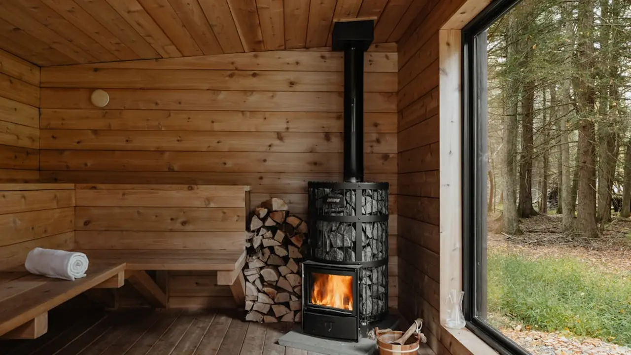 Nordisk bastu i trä med utsikt mot skog